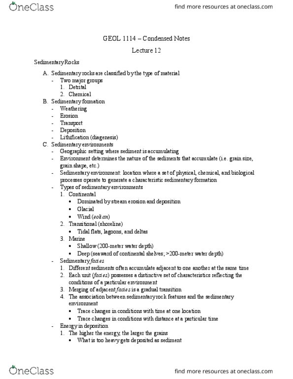 GEOL 1114 Lecture Notes - Lecture 12: Continental Shelf, Depositional Environment, Diagenesis thumbnail