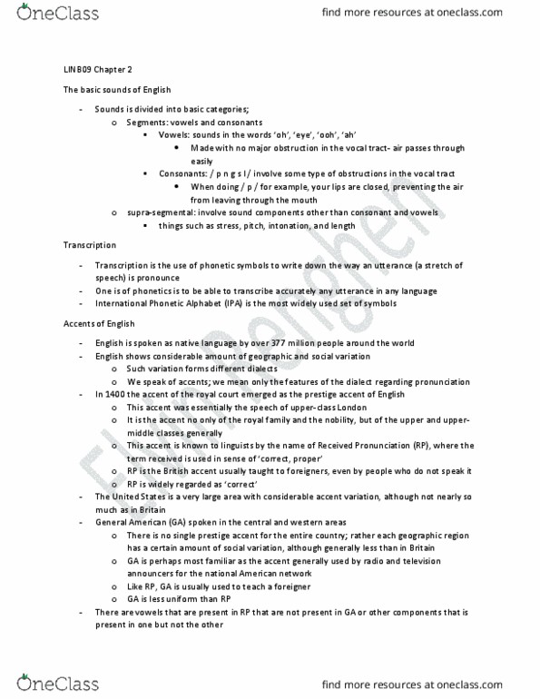 LINB09H3 Chapter Notes - Chapter 2: International Phonetic Alphabet, Vocal Tract, Vocal Folds thumbnail