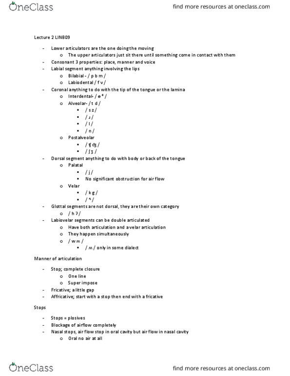 LINB09H3 Lecture Notes - Lecture 2: Fricative Consonant, Homorganic Consonant, No Air thumbnail