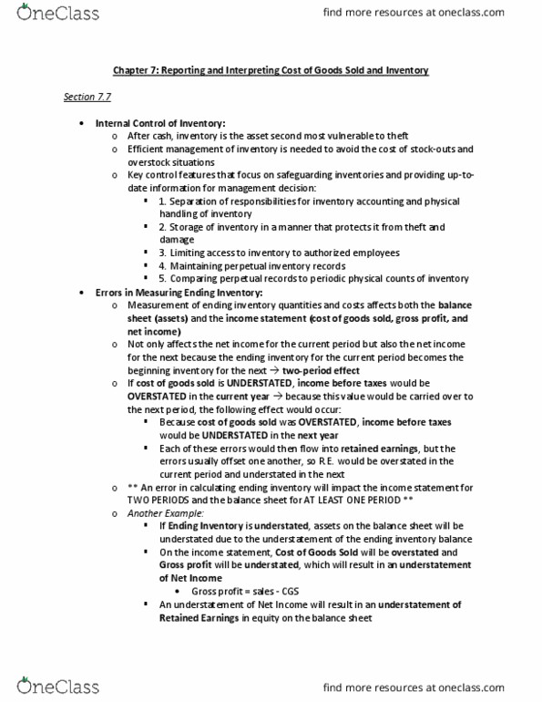 ACCT20100 Chapter Notes - Chapter 7: Perpetual Inventory, Gross Profit, Income Statement thumbnail