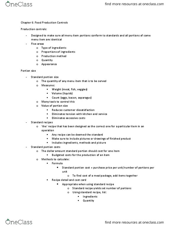 HTM 2030 Chapter Notes - Chapter 6: Serving Size, Customer Satisfaction, Bacon thumbnail