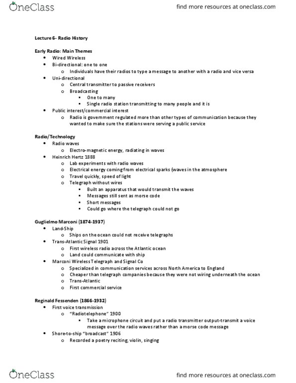 Media, Information and Technoculture 2000F/G Lecture Notes - Lecture 6: Reginald Fessenden, Radio Frequency, Atlantic Ocean thumbnail