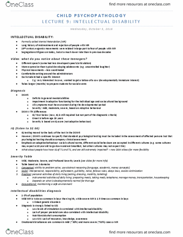 PSY 4105 Lecture Notes - Lecture 9: Intellectual Disability, Diagnostic And Statistical Manual Of Mental Disorders, Dsm-5 thumbnail