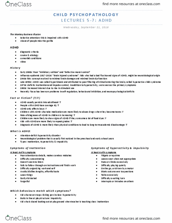 PSY 4105 Lecture Notes - Lecture 5: Attention Deficit Hyperactivity Disorder Predominantly Inattentive, Neurodevelopmental Disorder, Attention Deficit Hyperactivity Disorder thumbnail