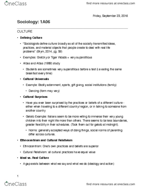 SOCIOL 1A06 Lecture Notes - Lecture 6: Gelato, Tiger Woods, Cultural Relativism thumbnail