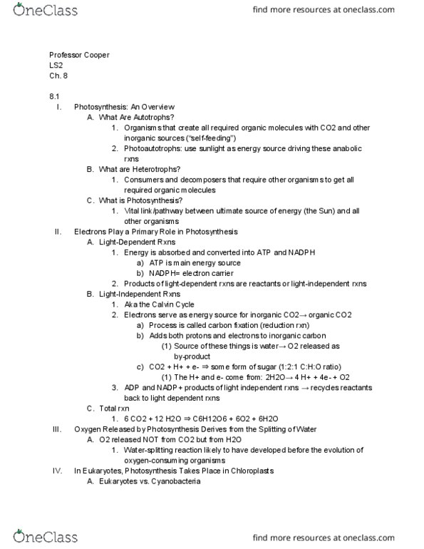 LIFESCI 2 Chapter Notes - Chapter 8.1-8.2: Atp Synthase, Electromagnetic Spectrum, Thylakoid thumbnail