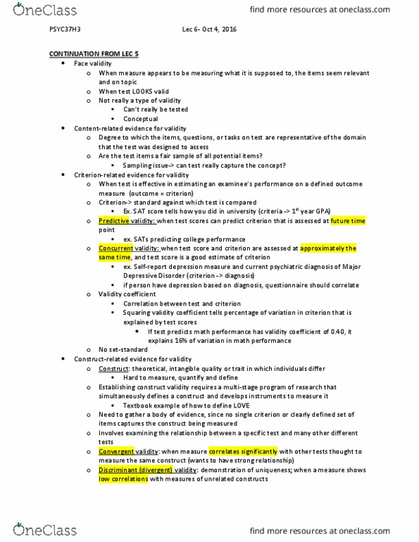 PSYC37H3 Lecture Notes - Lecture 6: Concurrent Validity, Construct Validity, Predictive Validity thumbnail