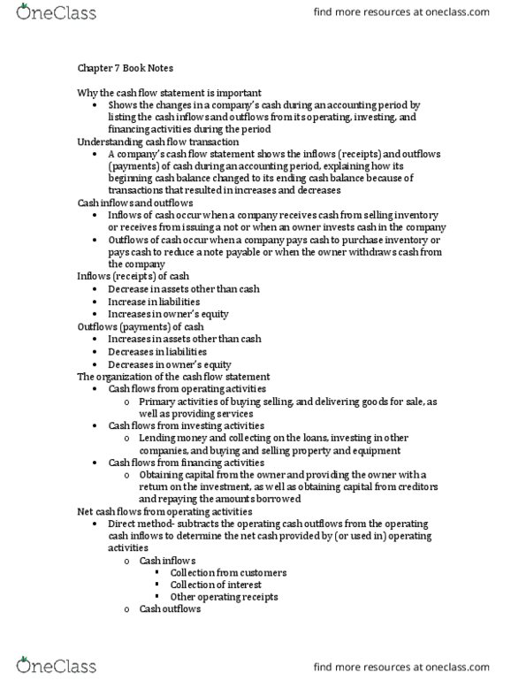 ACCTCY 2036 Chapter Notes - Chapter 7: Cash Flow Statement, Operating Cash Flow, Cash Cash thumbnail