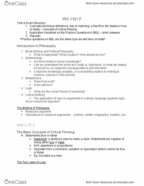 PHI 1101 Lecture Notes - Lecture 1: Critical Thinking, Law Of Excluded Middle, Principle Of Bivalence thumbnail