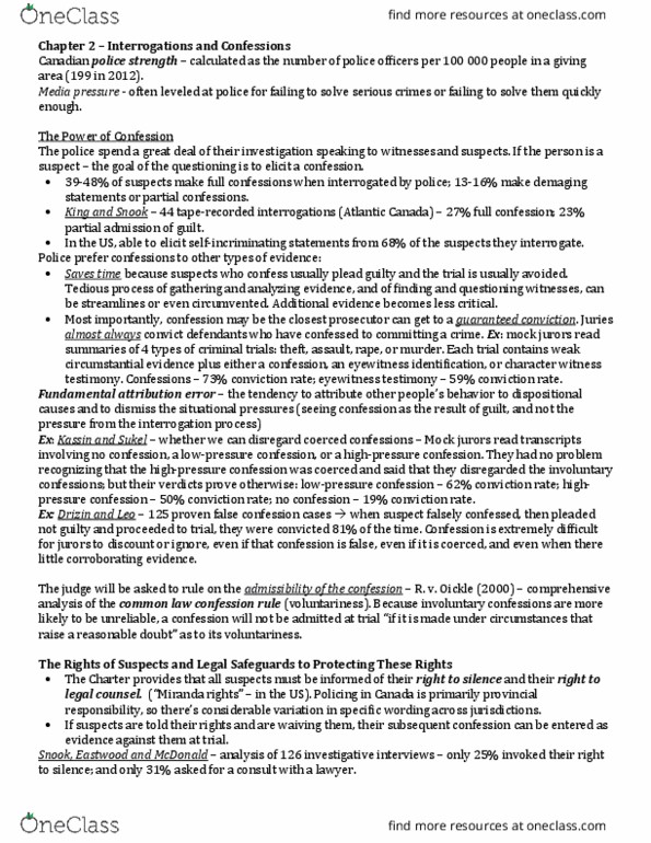 PSYC 3310 Chapter Notes - Chapter 2: Full Confession, Miranda Warning, Reid Technique thumbnail