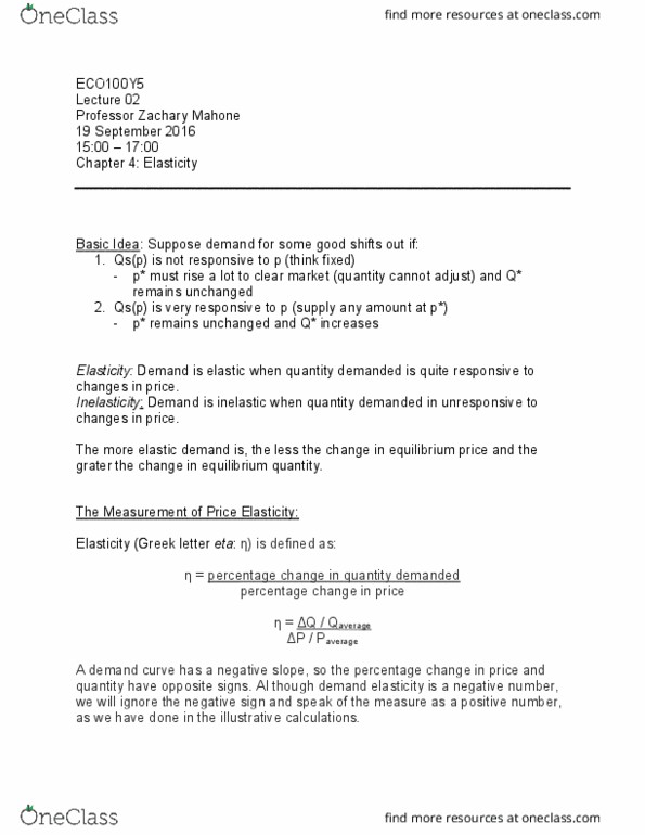 ECO100Y5 Lecture Notes - Lecture 2: Eta, Price Elasticity Of Demand, Economic Equilibrium thumbnail