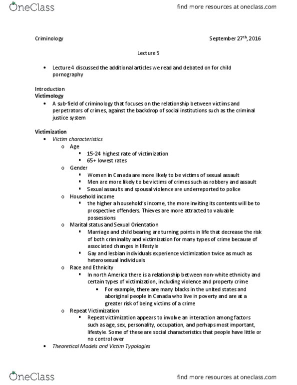 Sociology 2266A/B Lecture Notes - Lecture 4: Victimology, Routine Activity Theory thumbnail