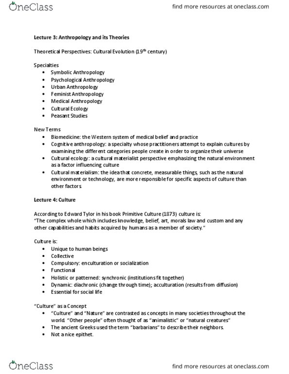 ANT 102 Lecture Notes - Lecture 4: Edward Burnett Tylor, Medical Anthropology, Cultural Anthropology thumbnail