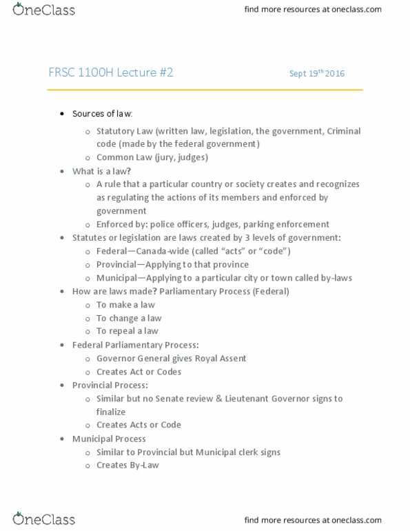 FRSC 1011H Lecture Notes - Lecture 2: Constitution Act, 1982, Ultra Vires, Municipal Clerk thumbnail