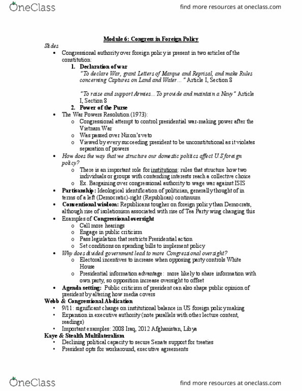 GOV 312L Lecture Notes - Lecture 6: War Powers Resolution, Divided Government, Al-Qaeda thumbnail
