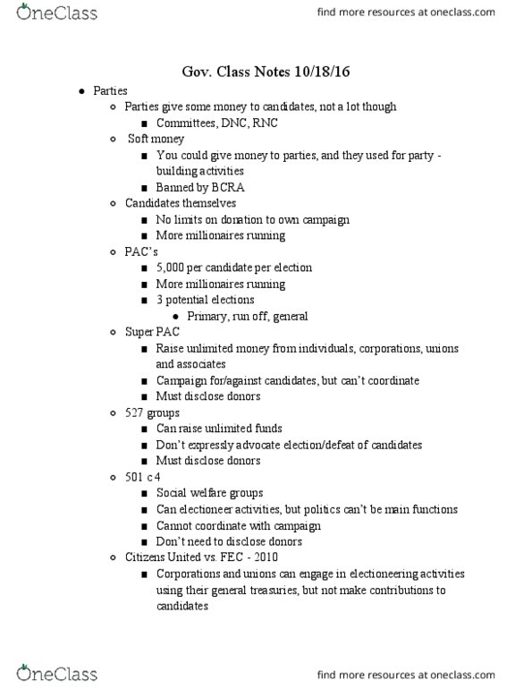 GOV 310L Lecture Notes - Lecture 11: Campaign Finance In The United States thumbnail