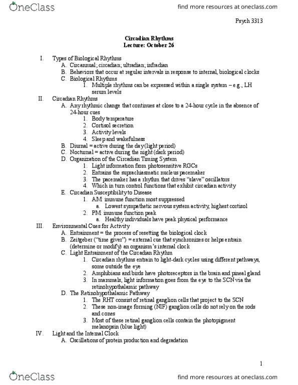 PSYCH 3313 Lecture Notes - Lecture 20: Circadian Rhythm, Pineal Gland, Melanopsin thumbnail