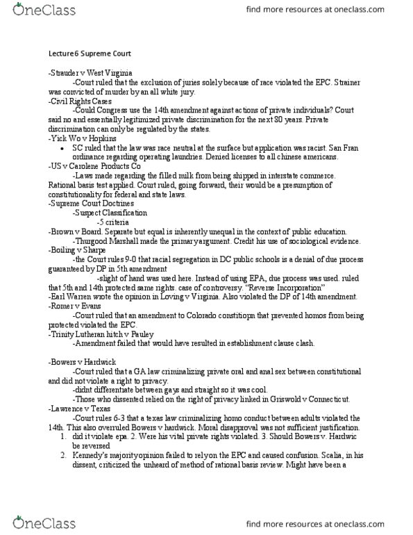 POLS 385W Lecture Notes - Lecture 6: District Of Columbia Public Schools, Civil Rights Cases, Fourteenth Amendment To The United States Constitution thumbnail