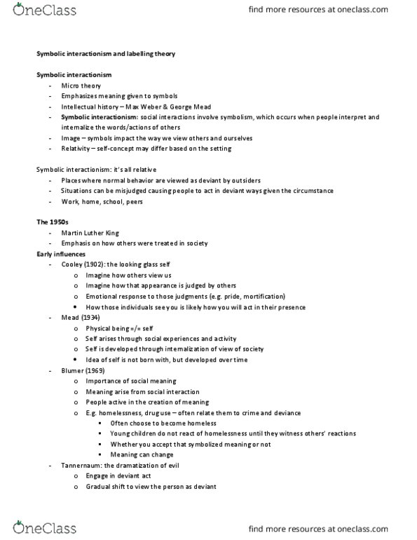 CRIM 104 Lecture Notes - Lecture 6: Symbolic Interactionism, Labeling Theory, Intellectual History thumbnail