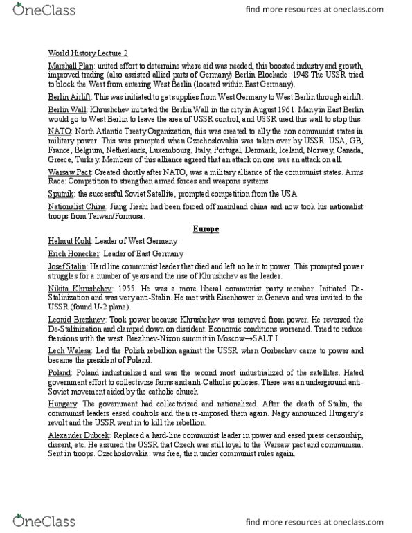 HIST 2111 Lecture Notes - Lecture 3: Nato, Chiang Kai-Shek, Erich Honecker thumbnail