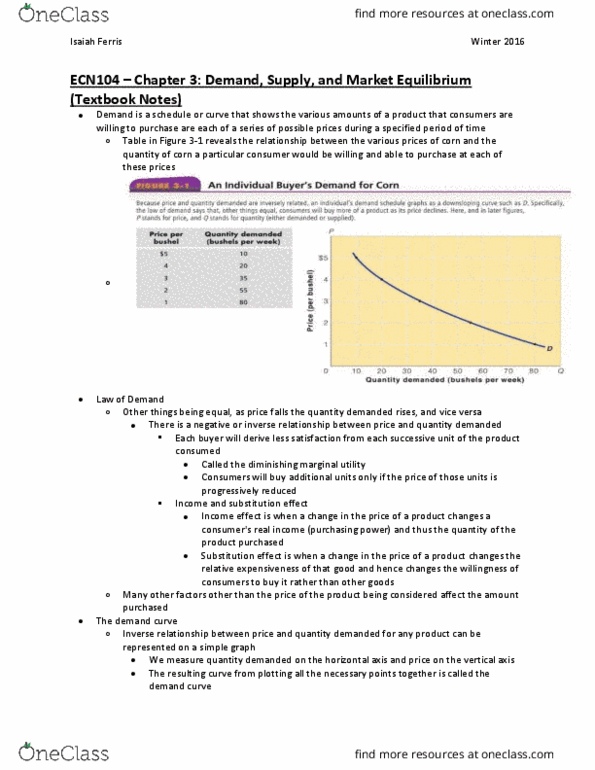 ECN 104 Chapter Notes - Chapter 3: Demand Curve, Marginal Utility, Inverse Relation thumbnail