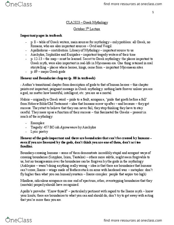 CLA 2323 Lecture Notes - Lecture 5: Aeschylus, Mycenaean Greece, Euripides thumbnail