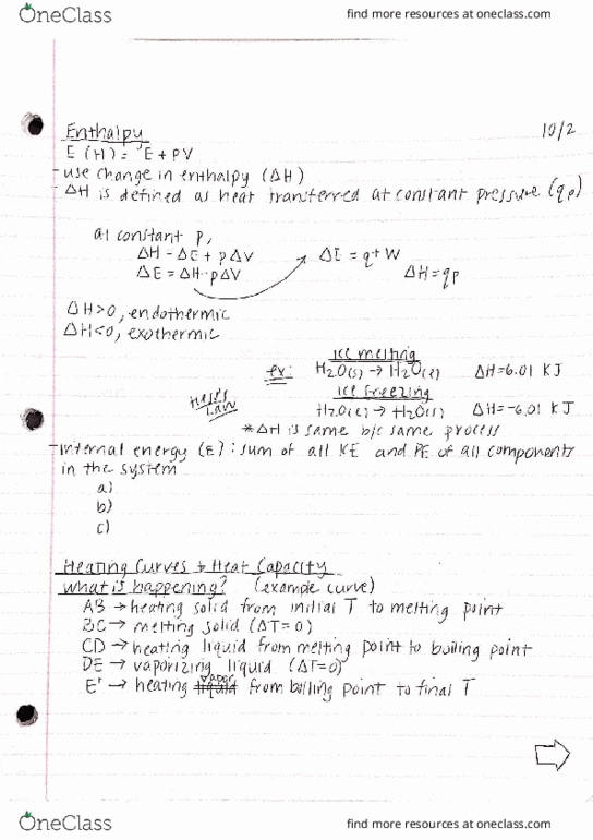 CHM 030 Lecture Notes - Lecture 14: Boiling Point, Internal Energy, Joule thumbnail
