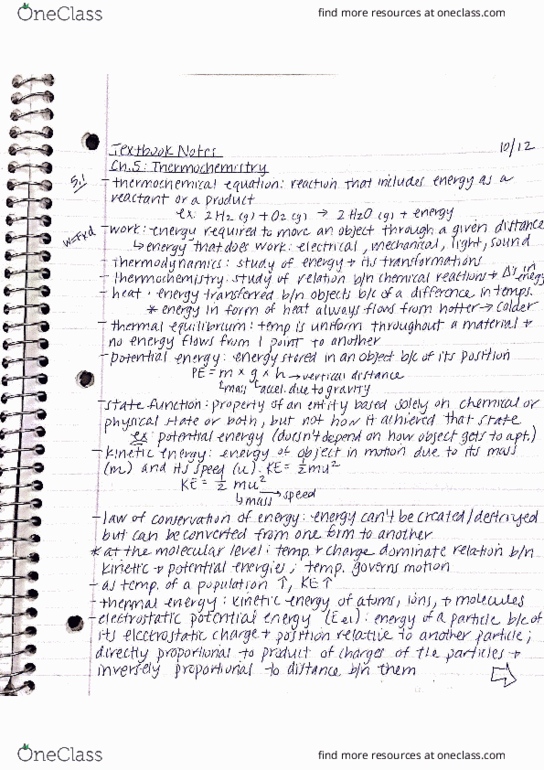 CHM 030 Chapter Notes - Chapter 5: Electric Potential Energy, Thermochemistry, Exothermic Process thumbnail