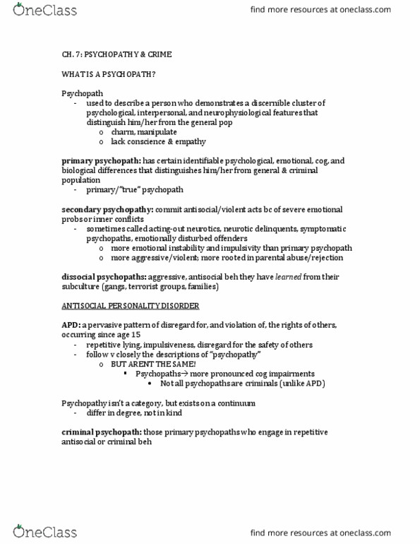 PSYC39H3 Chapter Notes - Chapter 7: Psychopathy Checklist, Superficial Charm, Psychopathy thumbnail