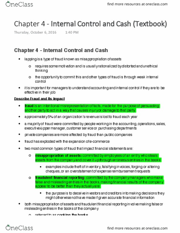 COMMERCE 1AA3 Chapter Notes - Chapter 4: Internal Control, Financial Statement, Elementis thumbnail