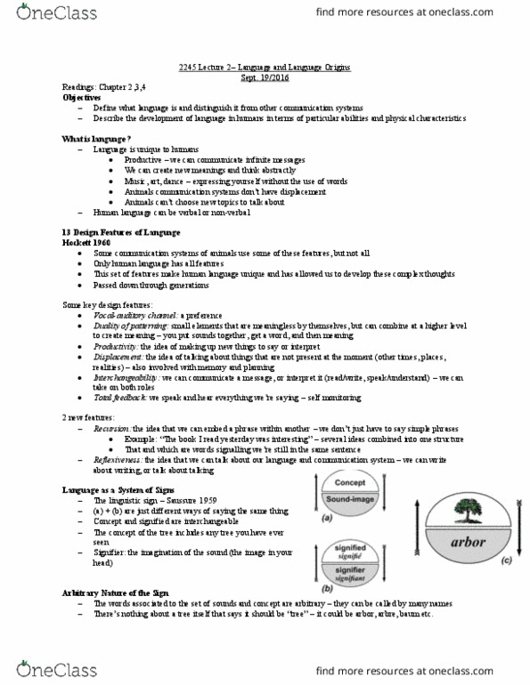 Anthropology 2245F/G Lecture Notes - Lecture 2: Spoken Language, Onomatopoeia, Readwrite thumbnail