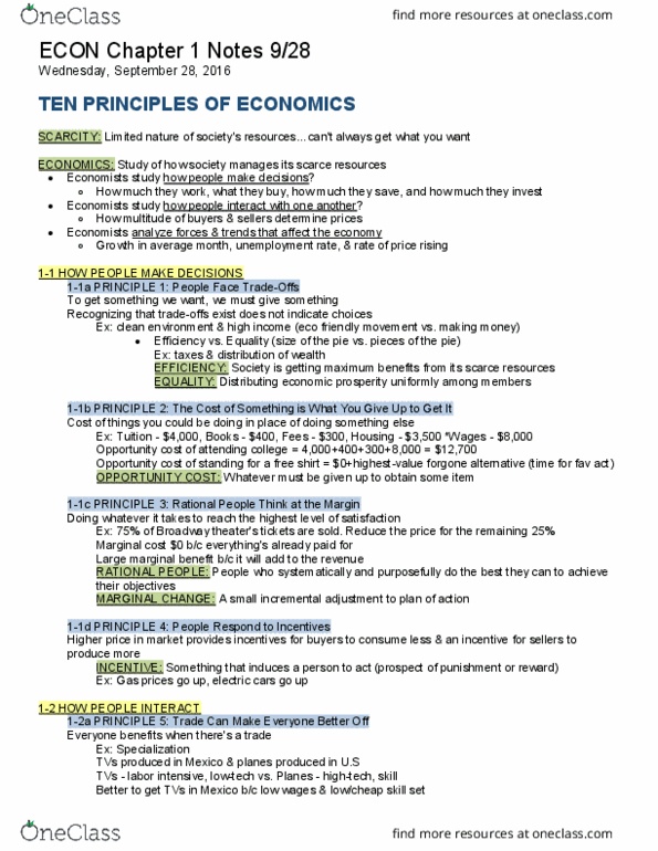 ECON 200 Chapter Notes - Chapter 1: Marginal Cost, Marginal Utility, Opportunity Cost thumbnail