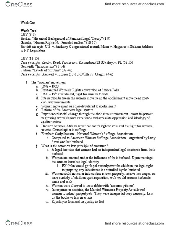 CRM/LAW C113 Lecture Notes - Lecture 1: Myra Bradwell, Equal Protection Clause, Wisconsin Supreme Court thumbnail