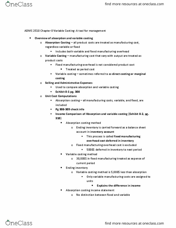ADMS 2510 Chapter Notes - Chapter 8: Total Absorption Costing, Fixed Cost, Income Statement thumbnail