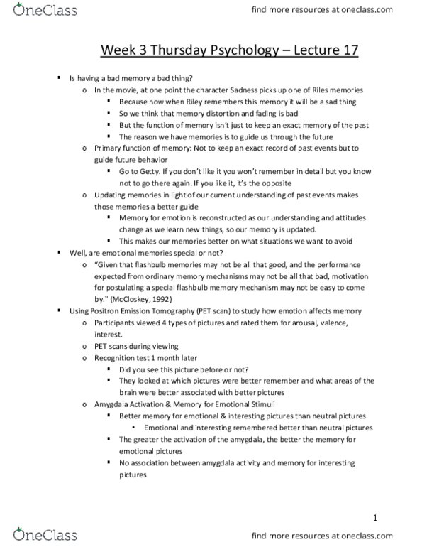 PSYCH 9B Lecture Notes - Lecture 17: Positron Emission Tomography, Hindsight Bias, Emotion And Memory thumbnail