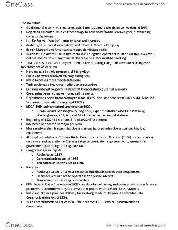 RTV 3001 Lecture Notes - Lecture 1: Federal Radio Commission, Reginald Fessenden, Wireless Telegraphy thumbnail