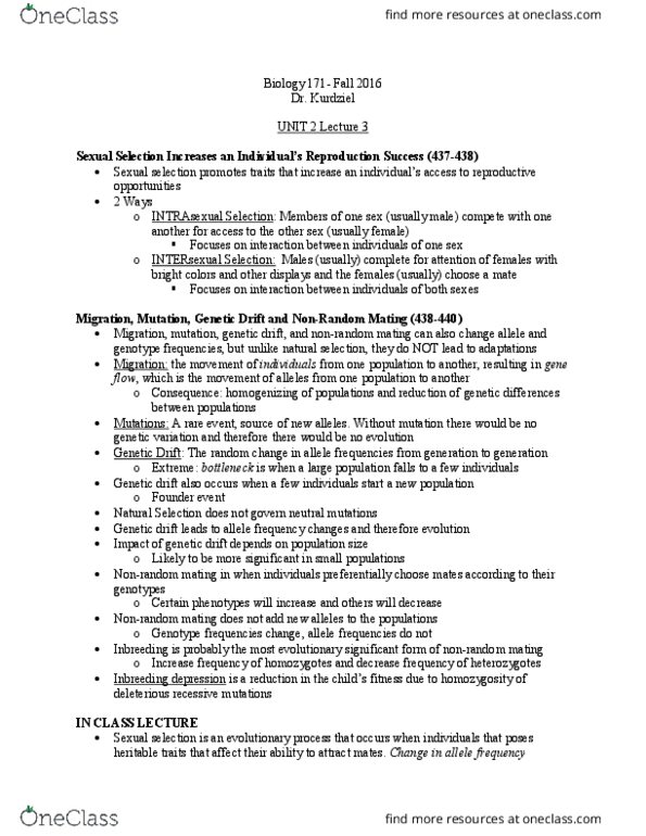 BIOLOGY 171 Lecture Notes - Lecture 9: Allele Frequency, Genetic Drift, Genotype Frequency thumbnail