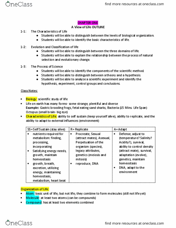 BIOL 120 Lecture Notes - Lecture 1: Blubber, Cyanobacteria, Model Organism thumbnail