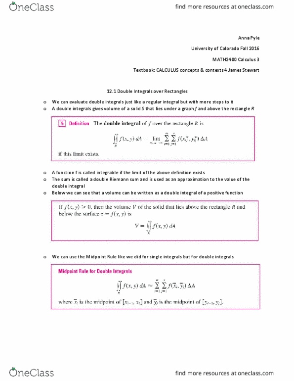MATH 2400 Chapter Notes - Chapter 12.1: Riemann Sum, Multiple Integral thumbnail