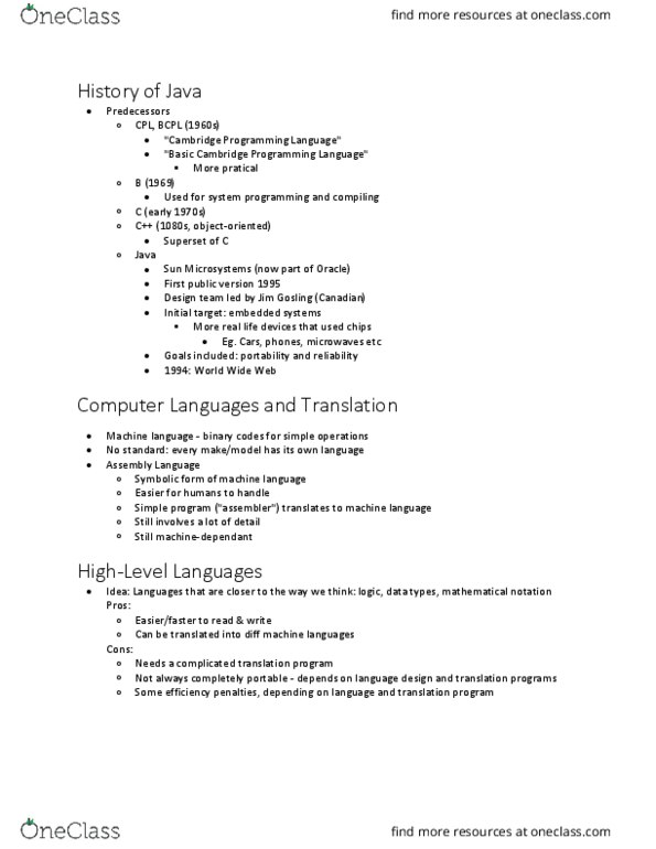 CISC 124 Lecture Notes - Lecture 1: Java Compiler, Bcpl, Subset thumbnail