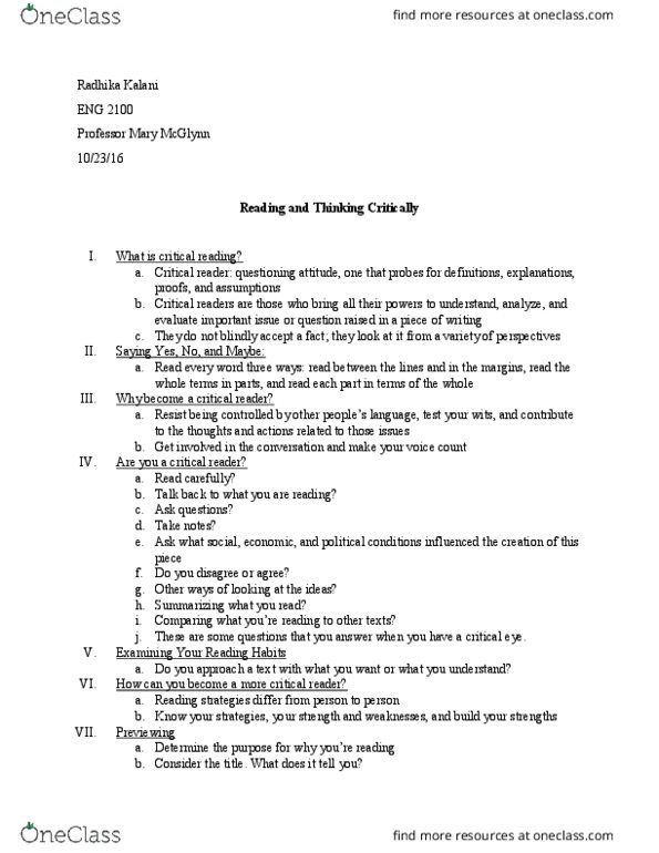 ENG 2100 Lecture Notes - Lecture 6: Critical Reading thumbnail
