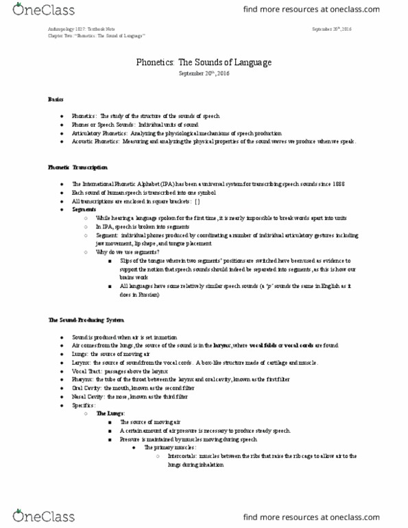 Anthropology 1027A/B Chapter Notes - Chapter 2: Trachea, Articulatory Phonetics, Pharynx thumbnail