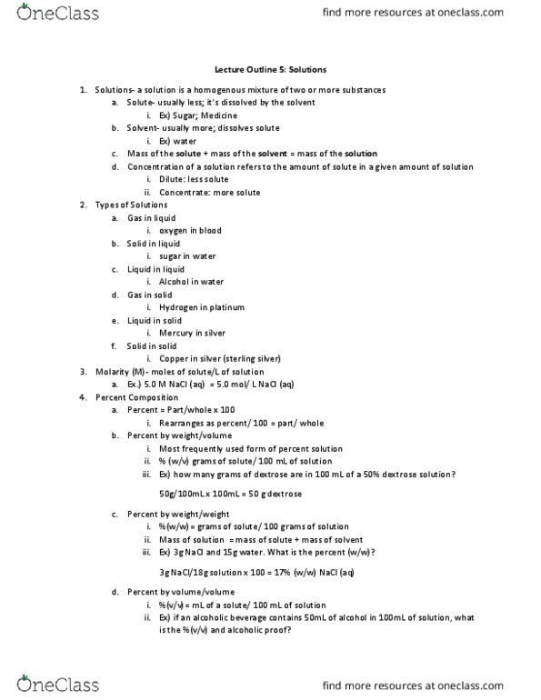 CHEM 1210 Lecture Notes - Lecture 5: Alcohol Proof, Sodium Chloride, Glucose thumbnail