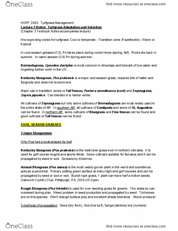 HORT 2303 Lecture Notes - Lecture 3: Poa Annua, Zoysia, Agrostis Stolonifera thumbnail