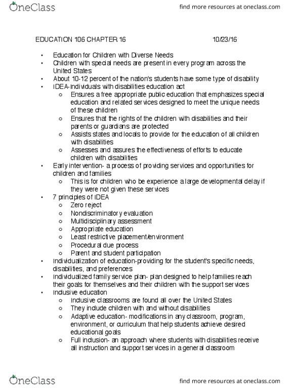 EDUC 106 Chapter Notes - Chapter 16: Resource Room thumbnail