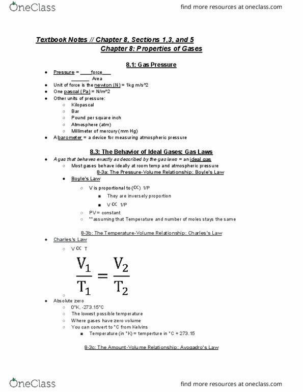 CHEM 103 Chapter Notes - Chapter 8: Molar Volume, Combined Gas Law, Gas Laws thumbnail