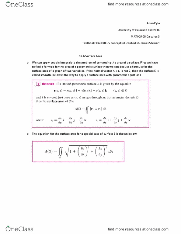 MATH 2400 Chapter Notes - Chapter 12.6: Parametric Surface thumbnail