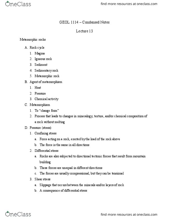 GEOL 1114 Lecture Notes - Lecture 13: Shock Metamorphism, Igneous Rock, Rock Cycle thumbnail