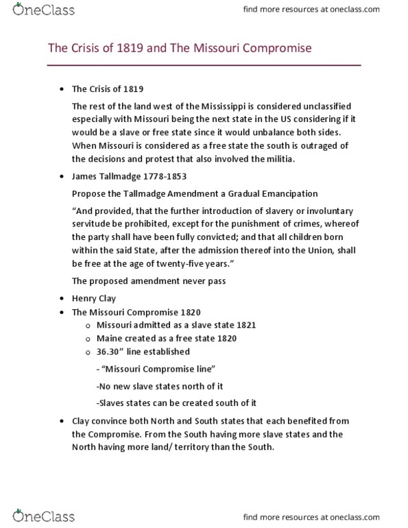 HIST 1311 Lecture Notes - Lecture 19: James Tallmadge Jr., Tallmadge Amendment, Missouri Compromise thumbnail