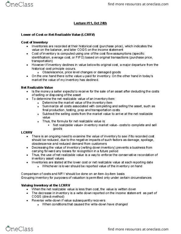 MGCR 211 Lecture Notes - Lecture 11: Historical Cost, Write-Off, Inventory Turnover thumbnail